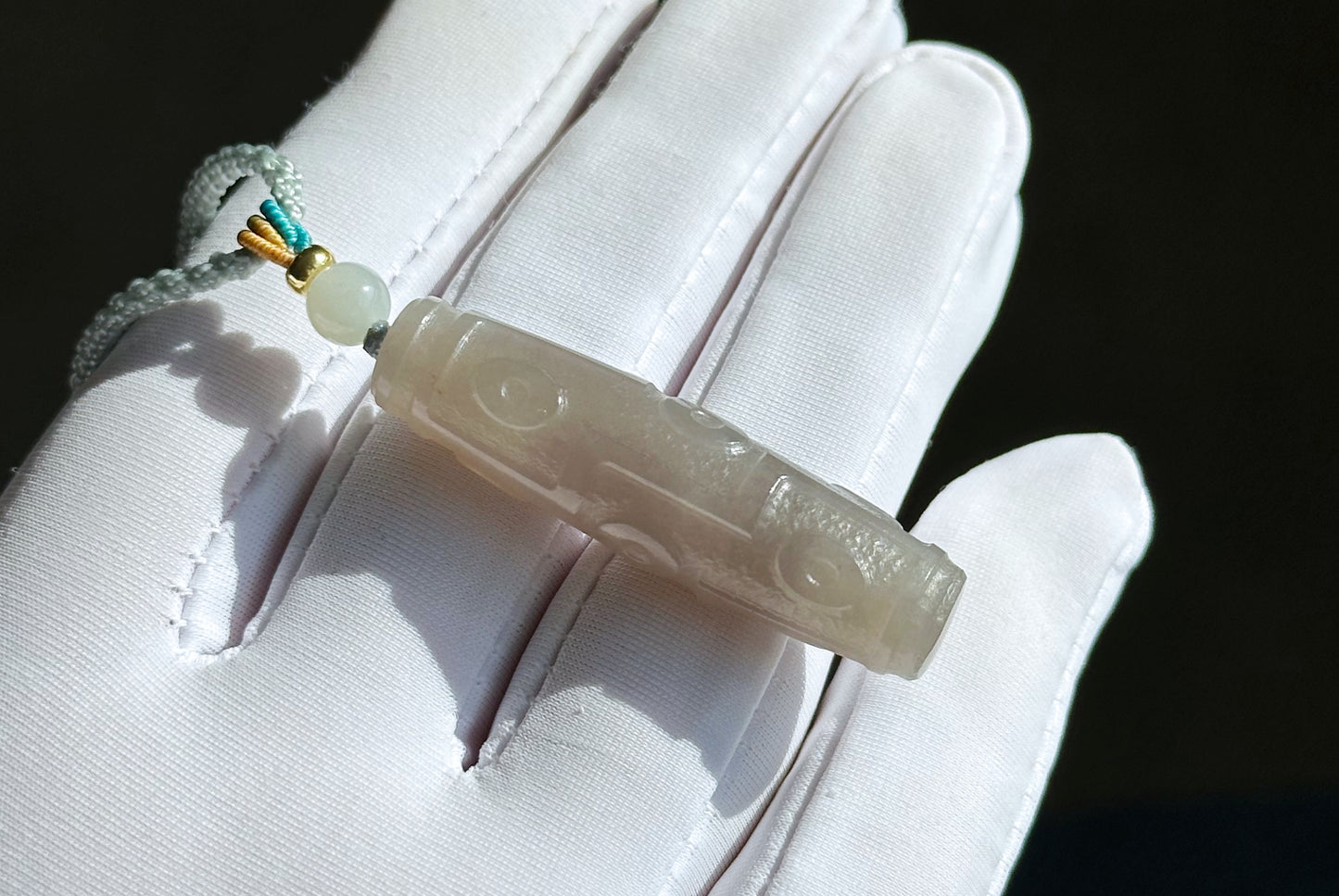 Certified Natural Smoky Gray Nephrite Jade Carved Nine-Eyed Dzi Bead Pendant, 天然烟灰和田玉雕刻九眼天珠吊坠