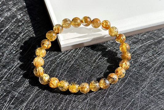 7.5mm+, Certified Top Quality Natural Golden Rutilated Quartz with Hematite Bracelet, Superpower Ore Titanium Golden Rutilated, 天然母矿超能金钛晶手串