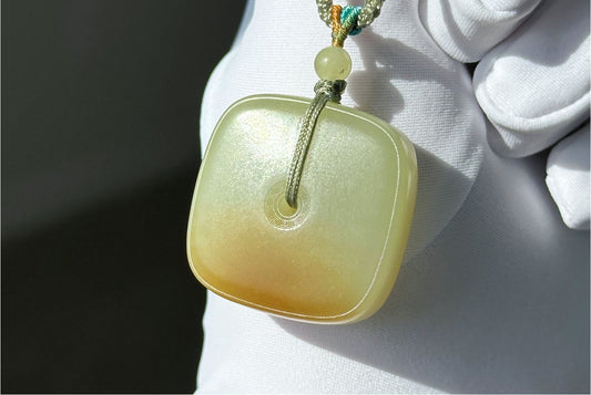 Certified Natural High-Quality Greenish-Yellow-with-Sugar Nephrite Jade Square Ping An Peace Buckle Pendant, 天然精品青黄玉带糖四方扣吊坠