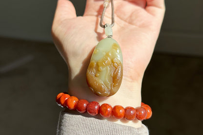 Certified Natural High-Quality Qiemo Sugar-White Nephrite Jade Hand Carved Lotus & Koi Pendant, 天然且末糖白手工雕刻莲花鱼吊坠