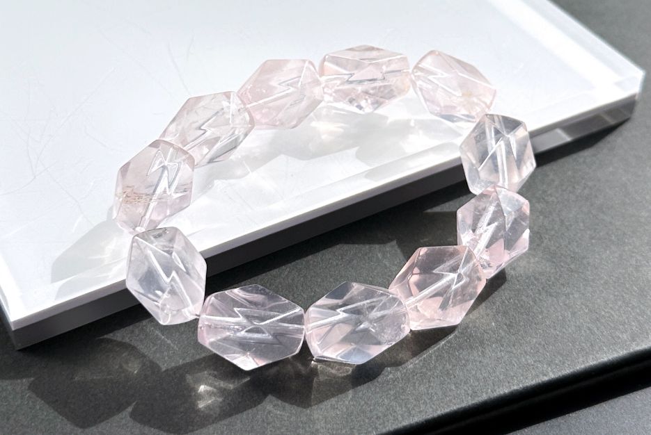 12x19mm, Natural Faceted Mozambique Rose Quartz Beads Bracelet, Soft Pink Rose Quartz Bracelet, 天然莫桑比克刻面粉水晶手串
