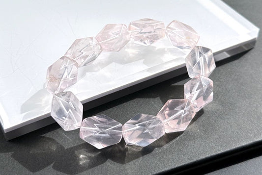 12x19mm, Natural Faceted Mozambique Rose Quartz Beads Bracelet, Soft Pink Rose Quartz Bracelet, 天然莫桑比克刻面粉水晶手串