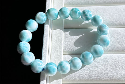 9.5mm+, Natural High Quality Dominican Blue Larimar Beads Bracelet, Dominican Republic Larimar Bracelelt, 多米尼加天然海纹石手串 (Copy)