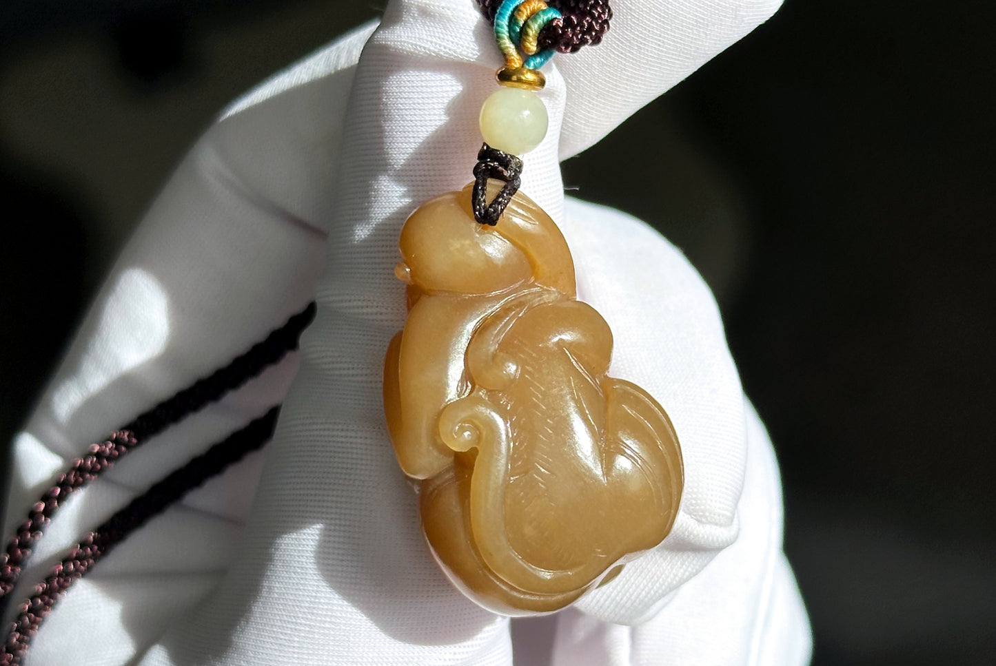 Certified Natural Brown Sugar and White Nephrite Jade Hand-Carved Monkey Pendant