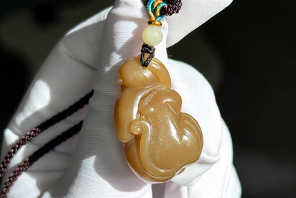 Certified Natural Brown Sugar and White Nephrite Jade Hand-Carved Monkey Pendant