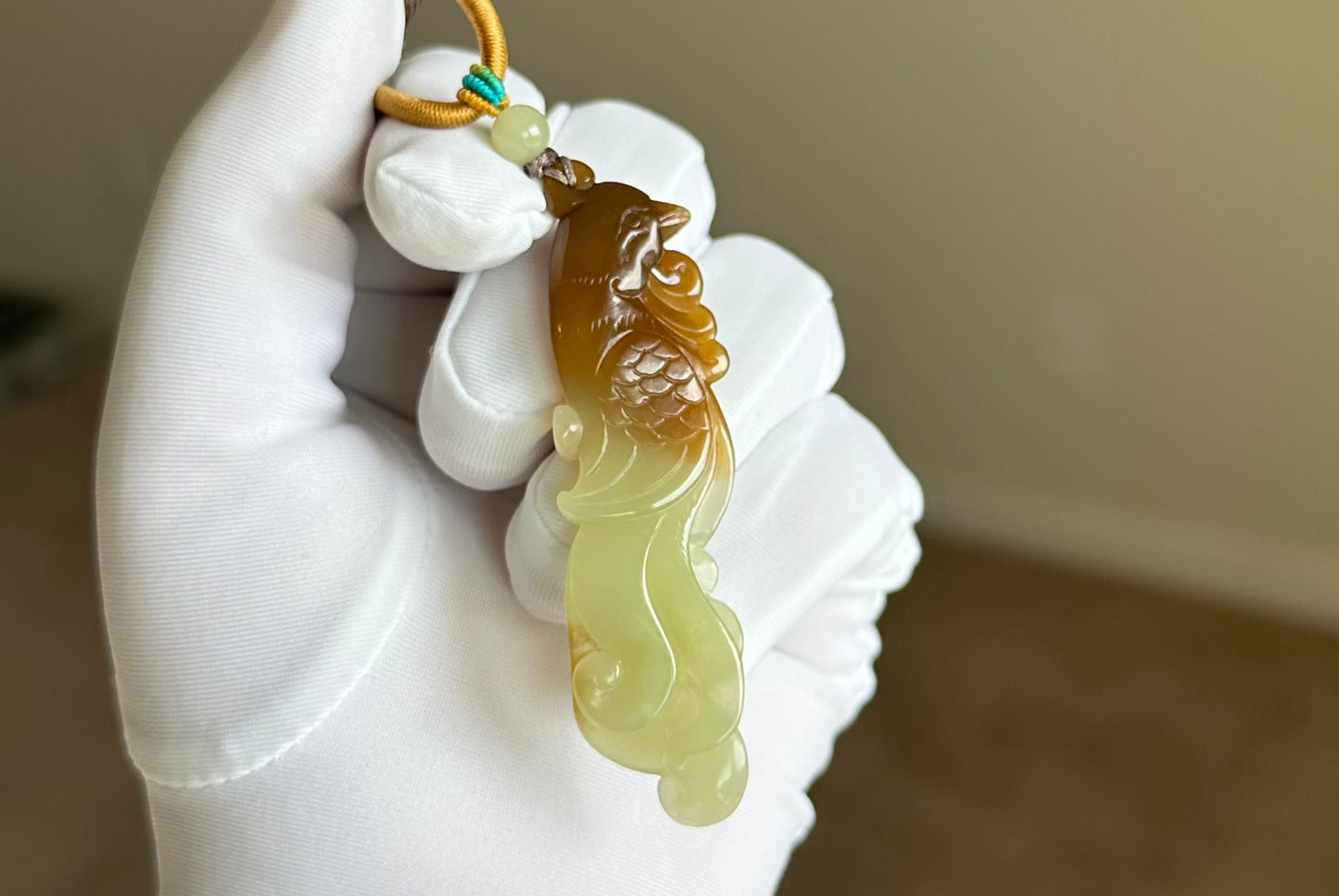 Certified Natural Sugar Brown and Yellow Nephrite Jade Hand-Carved Phoenix Pendant, 天然若羌黄口带糖手工雕刻凤凰吊坠