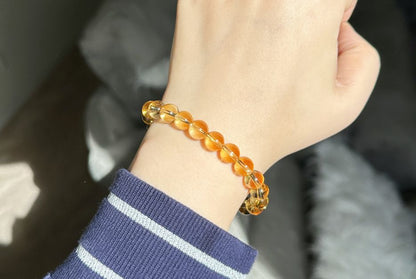 8.7mm+, Certified Natural Collector's Gem Grade Deep Yellow Citrine Beads Bracelet, Untreated High Clarity Natural Citrine, 天然宝石级玻璃体暴力黄黄水晶手串