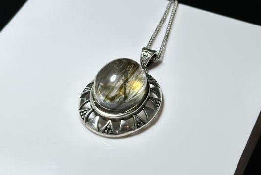 Natural Green Tourmaline Rutilated Quartz Pendant Necklace, 925 Sterling Silver, Green Tourmaline Pendant, 天然绿碧玺发晶纯银吊坠