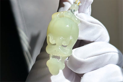 Certified Natural Qiemo Warm White Nephrite Jade Hand-Carved Skull Pendant, 天然且末白和田玉手工雕刻骷髅吊坠
