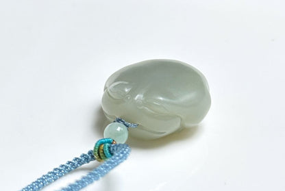Certified Natural Blue Nephrite Jade Hand Carved Minimalist Money Toad Pendant, blue nephrite jade, 天然细料蓝软玉手雕蛙饼吊坠