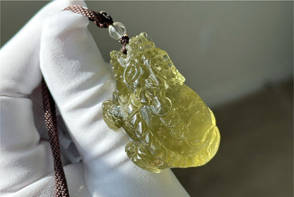 50.154 grams, Collector's Grade, Natural Authentic Libyan Desert Glass Tektite Hand Carved Dragon Turtle Pendant | High-Grade Tektite | Protective Amulet, 天然收藏级浓金利比亚陨石手工雕刻龙龟吊坠