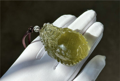50.154 grams, Collector's Grade, Natural Authentic Libyan Desert Glass Tektite Hand Carved Dragon Turtle Pendant | High-Grade Tektite | Protective Amulet, 天然收藏级浓金利比亚陨石手工雕刻龙龟吊坠