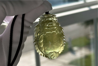50.154 grams, Collector's Grade, Natural Authentic Libyan Desert Glass Tektite Hand Carved Dragon Turtle Pendant | High-Grade Tektite | Protective Amulet, 天然收藏级浓金利比亚陨石手工雕刻龙龟吊坠