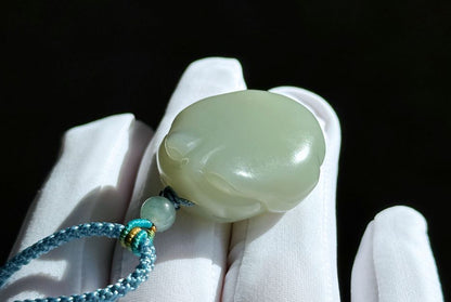 Certified Natural Blue Nephrite Jade Hand Carved Minimalist Money Toad Pendant, blue nephrite jade, 天然细料蓝软玉手雕蛙饼吊坠