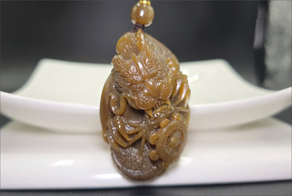 Big 94Grams, Certified Natural Full Brown Sugar Nephrite Jade Hand-Carved Dragon Small Handle / Big Pendant, 天然且末老红糖手工雕刻龙,小手把大挂件