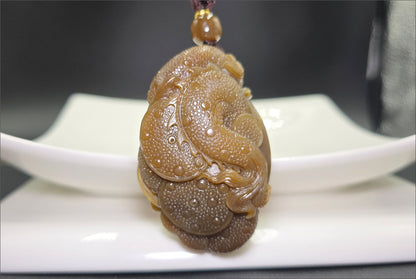 Big 94Grams, Certified Natural Full Brown Sugar Nephrite Jade Hand-Carved Dragon Small Handle / Big Pendant, 天然且末老红糖手工雕刻龙,小手把大挂件