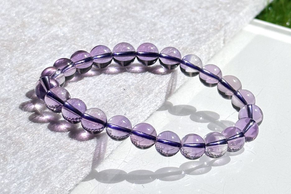 8mm+, Certified Natural Unheated Brazilian Amethyst Bracelet – Glassy Body, Water-Clear Transparency, 巴西天然玻璃体无烤色紫水晶手串