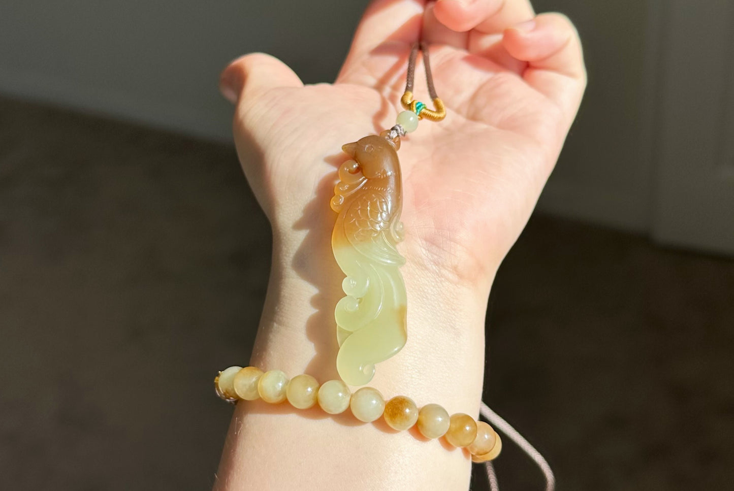 Certified Natural Sugar Brown and Yellow Nephrite Jade Hand-Carved Phoenix Pendant, 天然若羌黄口带糖手工雕刻凤凰吊坠