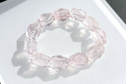 12x19mm, Natural Faceted Mozambique Rose Quartz Beads Bracelet, Soft Pink Rose Quartz Bracelet, 天然莫桑比克刻面粉水晶手串