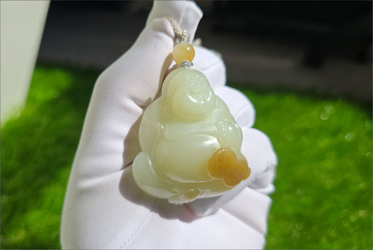 Certified Natural High-Quality Ruoqiang Yellow and Sugar Nephrite Jade Hand-Carved Maitreya Buddha Pendant, 天然若羌黄口带糖和田玉手工雕刻弥勒佛