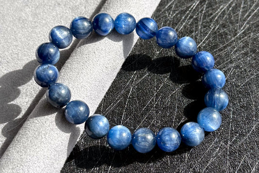 9.5mm+, Certified Undyed Top Grade Blue Kyanite Bracelet, Kyanite Bracelet, Full chatoyant Blue Kyanite, 天然无烤无染猫眼蓝晶石