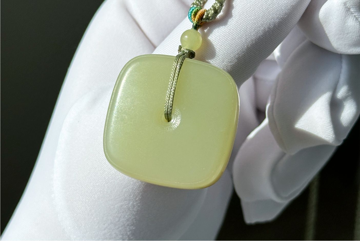 Certified Natural High-Quality Greenish-Yellow-with-Sugar Nephrite Jade Square Ping An Peace Buckle Pendant, 天然精品青黄玉带糖四方扣吊坠