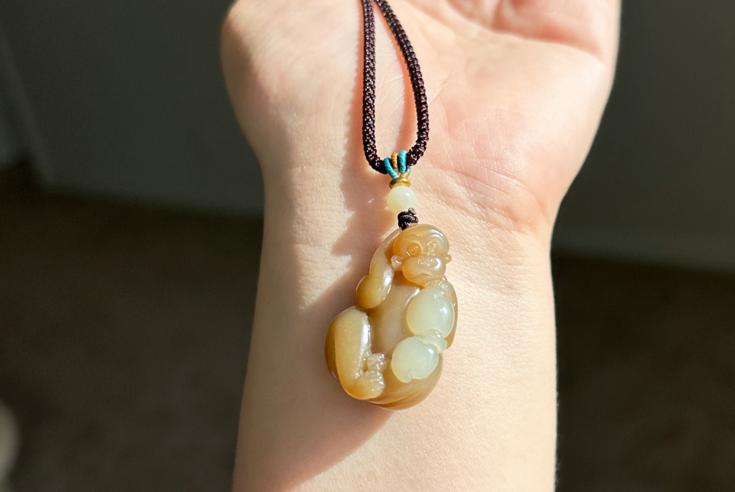 Certified Natural Brown Sugar and White Nephrite Jade Hand-Carved Monkey Pendant