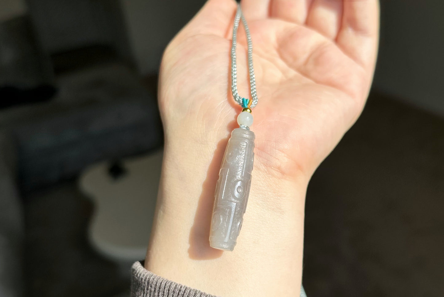 Certified Natural Smoky Gray Nephrite Jade Carved Nine-Eyed Dzi Bead Pendant, 天然烟灰和田玉雕刻九眼天珠吊坠