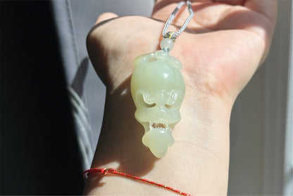 Certified Natural Qiemo Warm White Nephrite Jade Hand-Carved Skull Pendant, 天然且末白和田玉手工雕刻骷髅吊坠