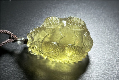 50.154 grams, Collector's Grade, Natural Authentic Libyan Desert Glass Tektite Hand Carved Dragon Turtle Pendant | High-Grade Tektite | Protective Amulet, 天然收藏级浓金利比亚陨石手工雕刻龙龟吊坠