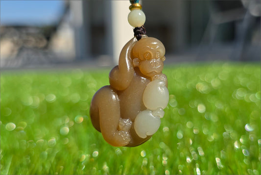 Certified Natural Brown Sugar and White Nephrite Jade Hand-Carved Monkey Pendant