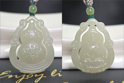 Certified Natural Qingshui Nephrite Jade Carved Gourd Guanyin Pendant, 天然晴水和田玉葫芦观音吊坠