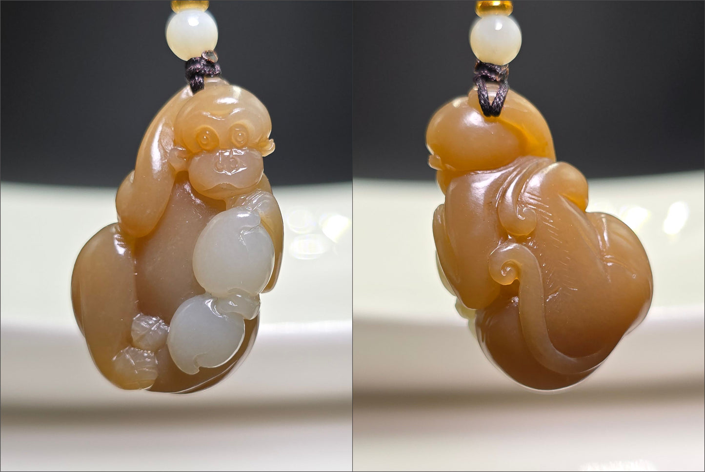 Certified Natural Brown Sugar and White Nephrite Jade Hand-Carved Monkey Pendant
