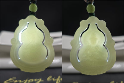 Certified Natural Qingshui Nephrite Jade Carved Gourd Guanyin Pendant, 天然晴水和田玉葫芦观音吊坠