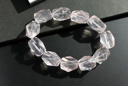 12x19mm, Natural Faceted Mozambique Rose Quartz Beads Bracelet, Soft Pink Rose Quartz Bracelet, 天然莫桑比克刻面粉水晶手串