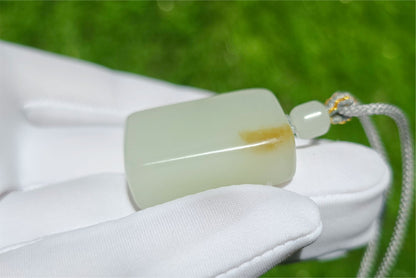 Certified Natural Warm White and sugar Nephrite Jade Wushi pai Peace Amulet Pendant, 天然俄白带一口糖和田玉无事牌吊坠