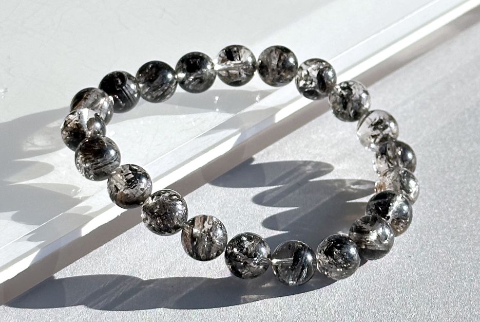 9mm+, Certified Natural High Grade Herkimer Diamond Round Beads Bracelet, Herkimer Diamond Bracelet, 天然最高级黑武士闪灵钻圆珠手串