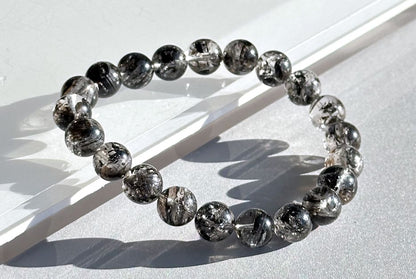 9mm+, Certified Natural High Grade Herkimer Diamond Round Beads Bracelet, Herkimer Diamond Bracelet, 天然最高级黑武士闪灵钻圆珠手串