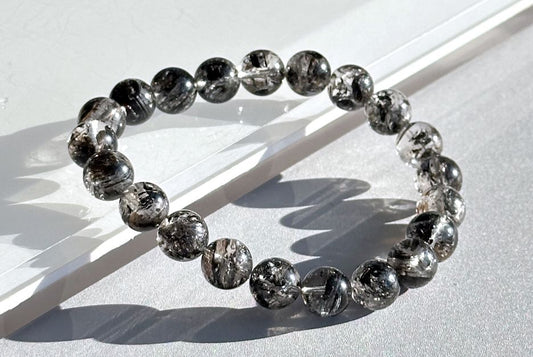 9mm+, Certified Natural High Grade Herkimer Diamond Round Beads Bracelet, Herkimer Diamond Bracelet, 天然最高级黑武士闪灵钻圆珠手串