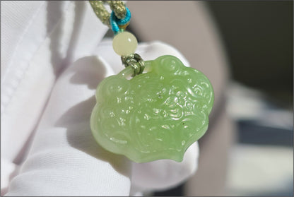 Certified Natural Emerald-Green and Qing Shui Nephrite Jade Peace Lock Pendant | 天然晴水带翠软玉雕刻平安锁吊坠