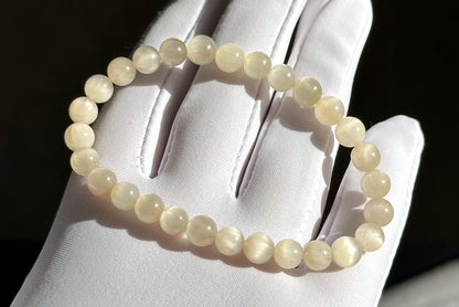 6.5mm+, Certified Top Grade Natural Cream White Rabbit Hair Quartz Bracelet, Cat Eye Rabbit Hair Rutile Quartz Bracelet, 天然收藏级猫眼灰白兔毛手串