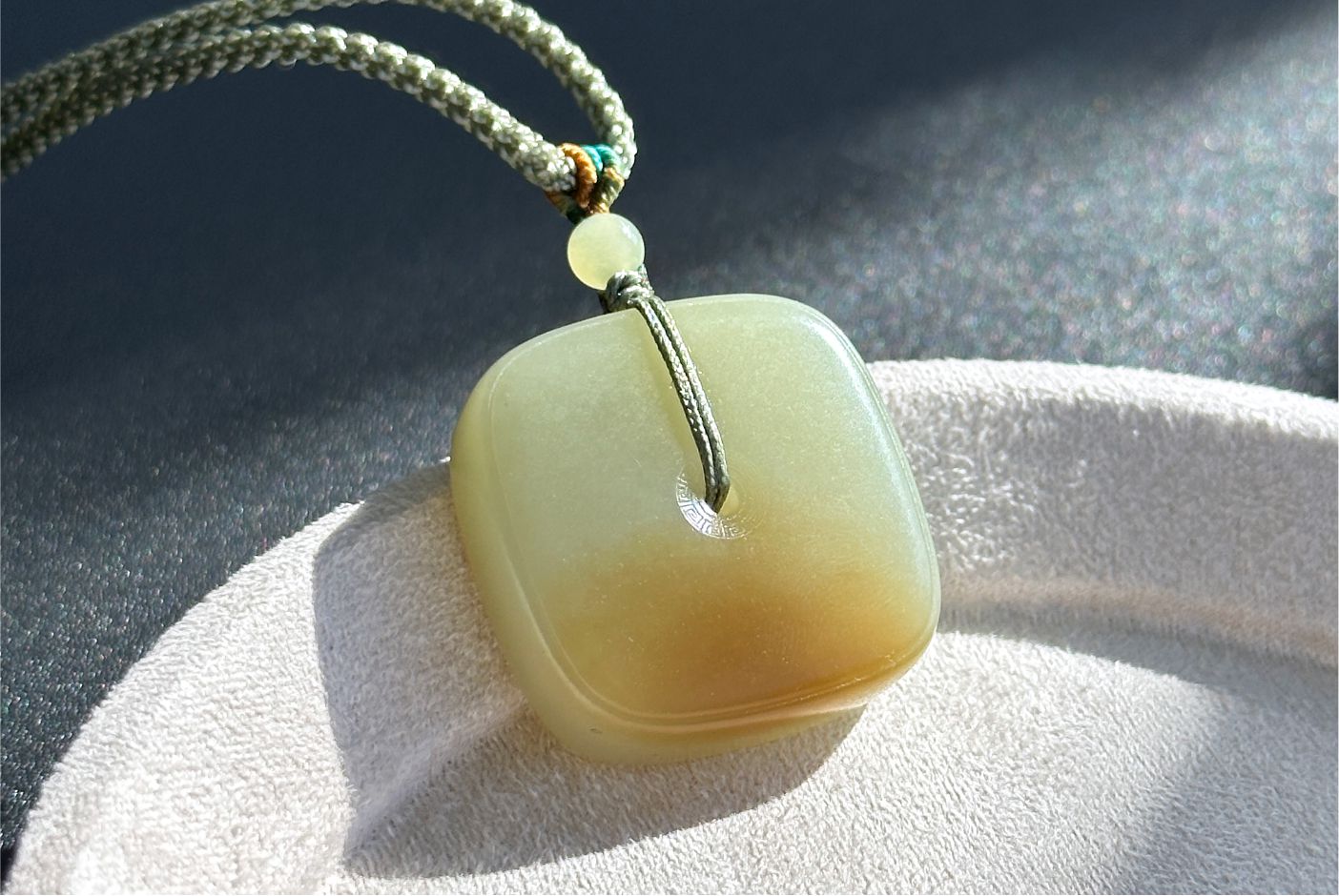 Certified Natural High-Quality Greenish-Yellow-with-Sugar Nephrite Jade Square Ping An Peace Buckle Pendant, 天然精品青黄玉带糖四方扣吊坠