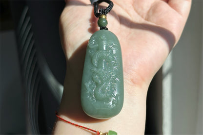 Certified Natural Qiemo Blue Nephrite Jade Carved Dragon Pillar Pendant, 天然且末蓝龙盘柱吊坠