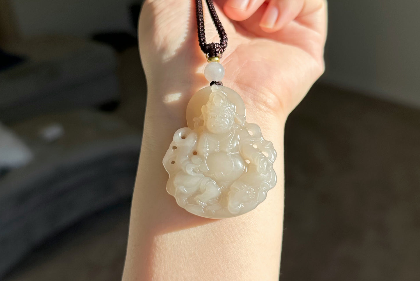 Certified Natural High Quality Lotus Pink Nephrite Jade Carved ellow Dzambhala Pendant, 天然藕粉和田玉雕刻黄财神吊坠