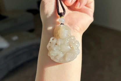 Certified Natural High Quality Lotus Pink Nephrite Jade Carved ellow Dzambhala Pendant, 天然藕粉和田玉雕刻黄财神吊坠