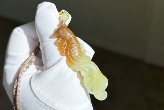 Certified Natural Sugar Brown and Yellow Nephrite Jade Hand-Carved Phoenix Pendant, 天然若羌黄口带糖手工雕刻凤凰吊坠