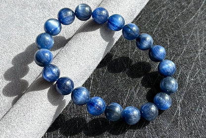 9.5mm+, Certified Undyed Top Grade Blue Kyanite Bracelet, Kyanite Bracelet, Full chatoyant Blue Kyanite, 天然无烤无染猫眼蓝晶石