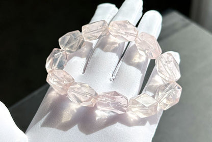 12x19mm, Natural Faceted Mozambique Rose Quartz Beads Bracelet, Soft Pink Rose Quartz Bracelet, 天然莫桑比克刻面粉水晶手串