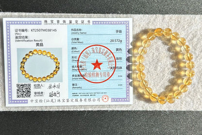 8.7mm+, Certified Natural Collector's Gem Grade Deep Yellow Citrine Beads Bracelet, Untreated High Clarity Natural Citrine, 天然宝石级玻璃体暴力黄黄水晶手串