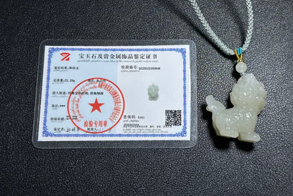 Certified Natural QingShui Nephrite Jade Carved Kirin Pendant, 天然晴水和田玉麒麟吊坠